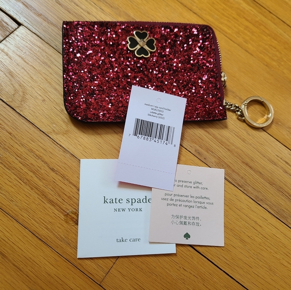 NWT- KATE SPADE-Odette Black Cherry Glitter Medium L-Zip Card Holder in Black Ch - Picture 2 of 9